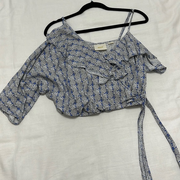 Maeve via Anthropologie Blue and white pattern, Wrapfront one shoulder top - Picture 2 of 5